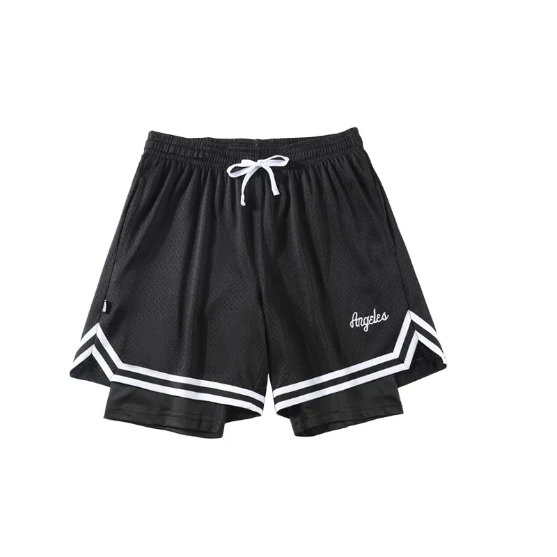 美式风格网眼带内衬假两件速干透气运动训练拼接撞色多场景适用短裤篮球裤 男款