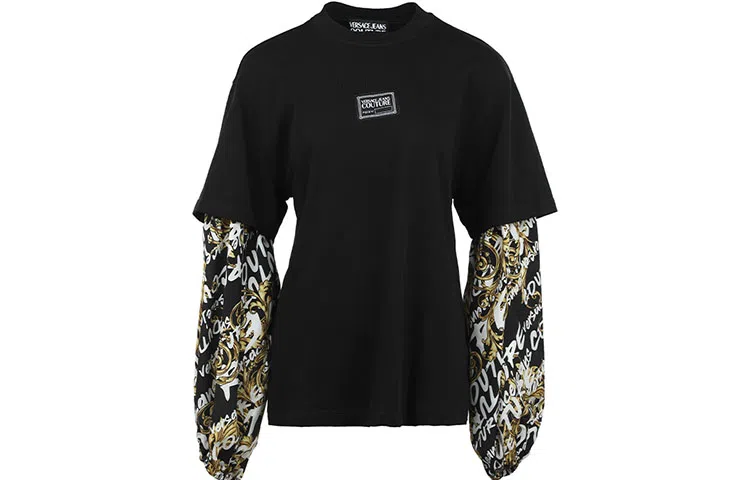 Versace Jeans Couture FW22 Printed Patchwork Crewneck Long Sleeve T-Shirt Black