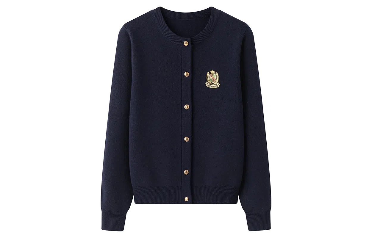 东鲸岁时记 学院风韩系针织收腰圆领纯色毛衣 女款 藏青色