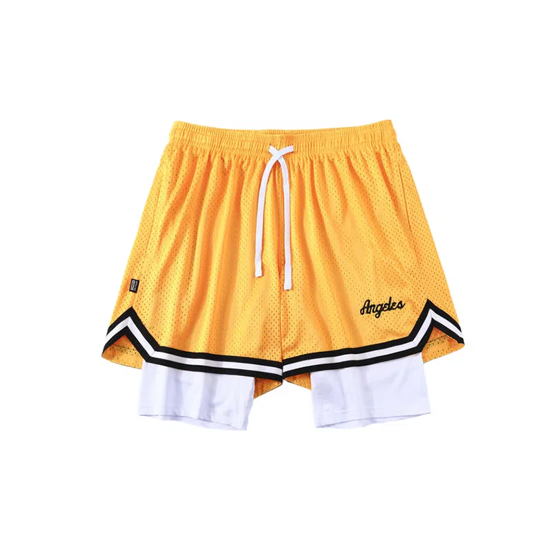 美式风格网眼带内衬假两件速干透气运动训练拼接撞色多场景适用短裤篮球裤 男款