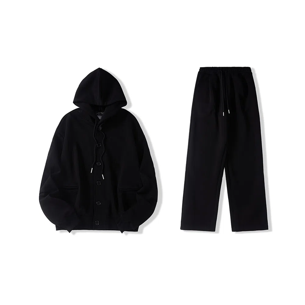 我是大卫 纯色韩版系扣宽松休闲卫衣套装 男女同款