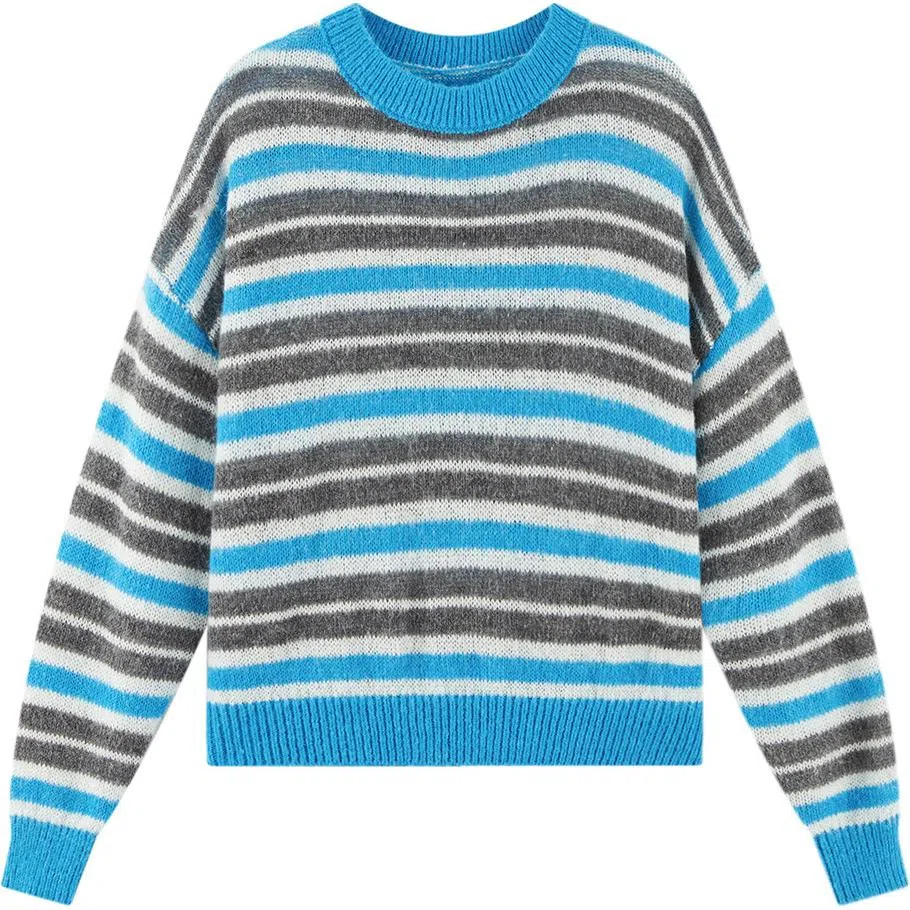 【dme】 时尚休闲圆领宽松长袖毛衣 女款 蓝条纹色