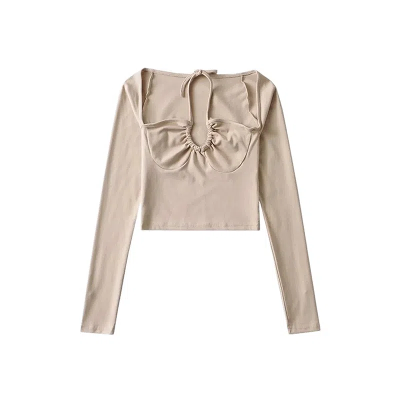 JUFU V-Neck Long Sleeve Tee Beige