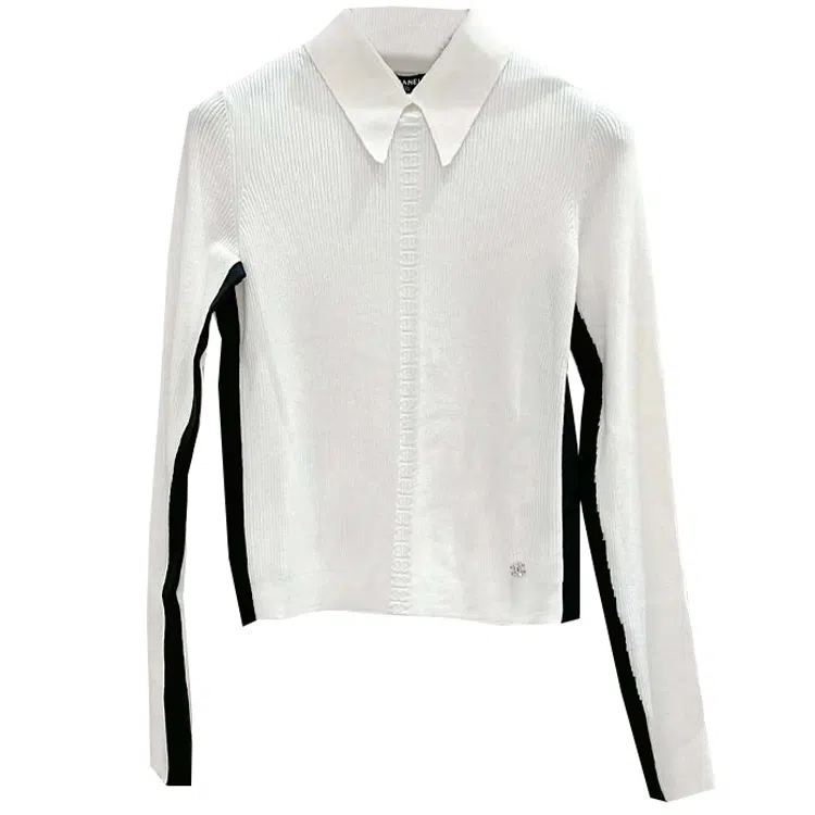 CHANEL Striped Logo Embossed Sweater