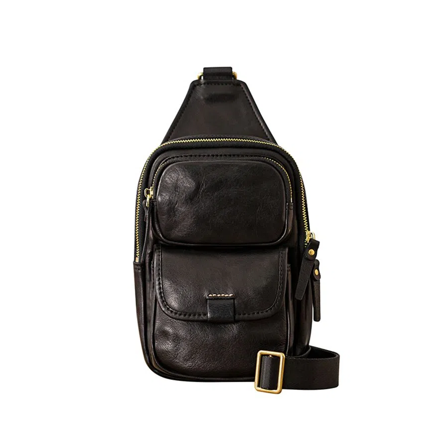 后步 小众高级感潮流时尚个性百搭通勤 头层牛皮 胸包 中号 男女同款情侣款 黑色