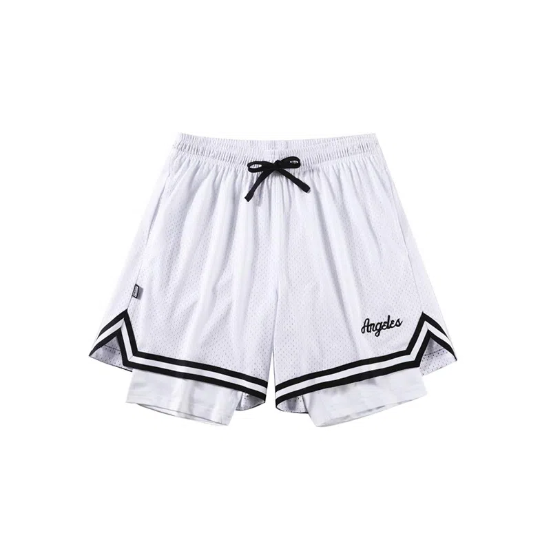 美式风格网眼带内衬假两件速干透气运动训练拼接撞色多场景适用短裤篮球裤 男款