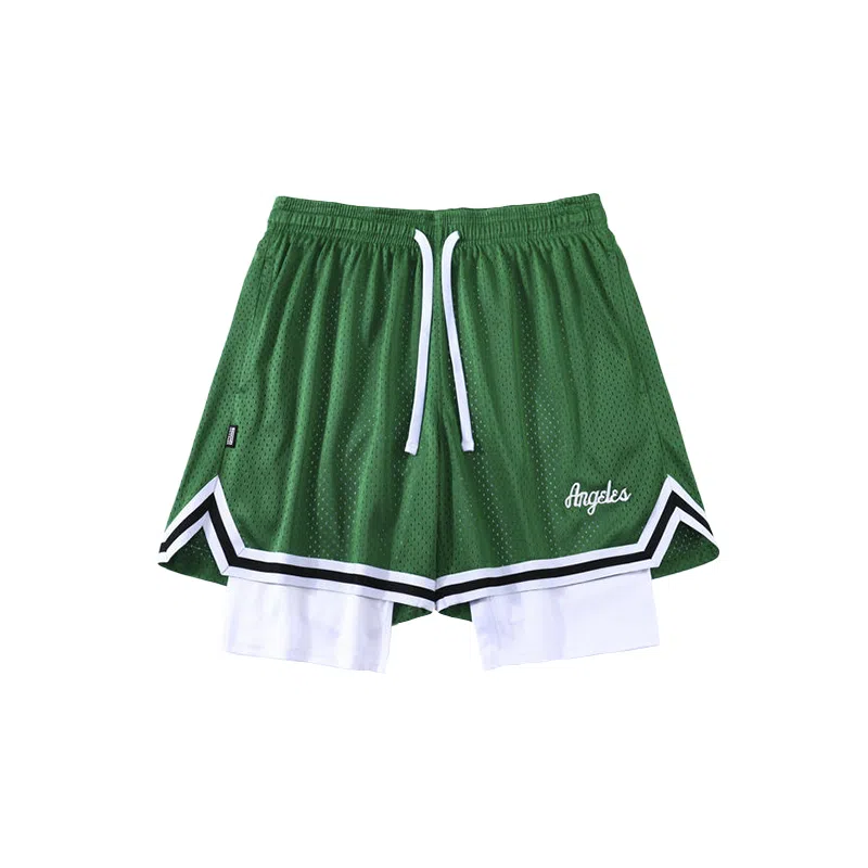 美式风格网眼带内衬假两件速干透气运动训练拼接撞色多场景适用短裤篮球裤 男款