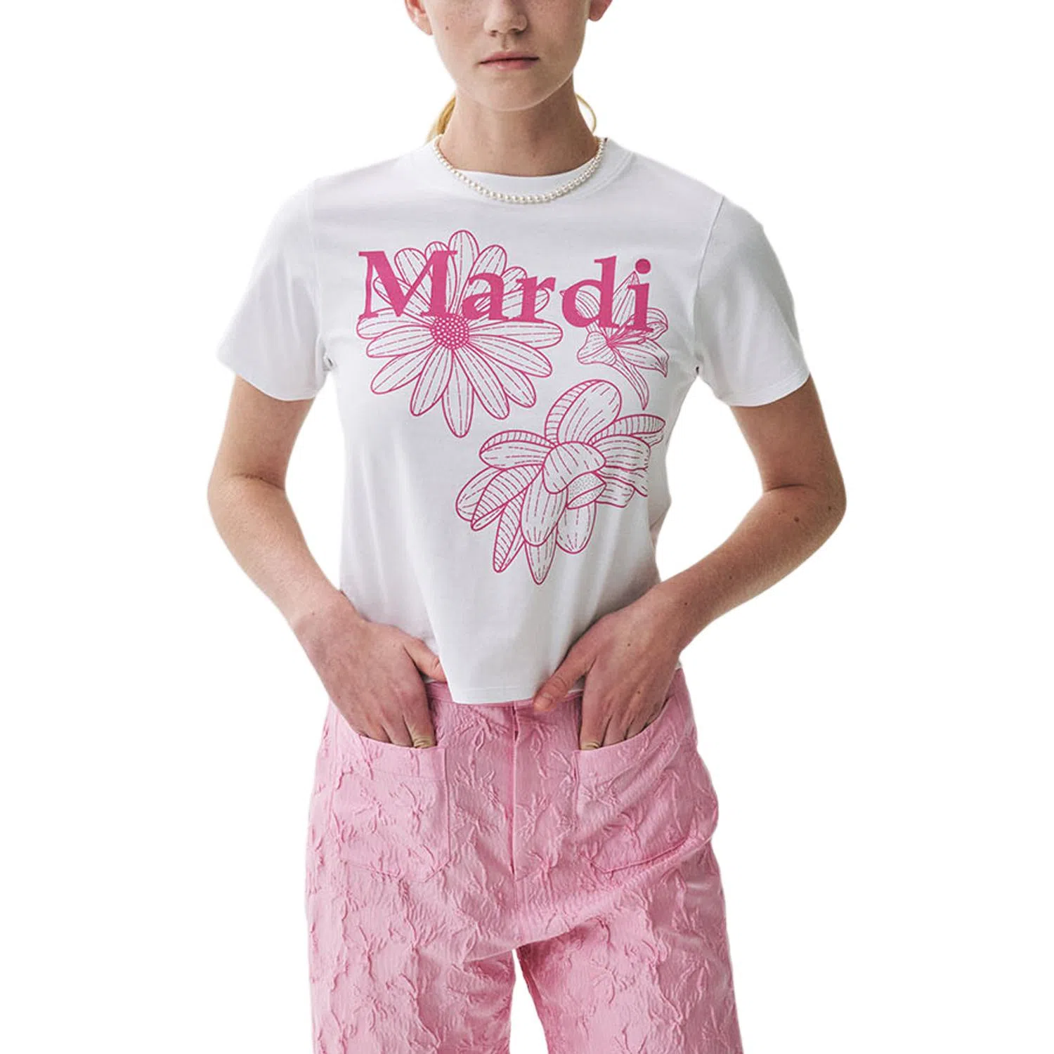 MARDI MERCREDI SLIM TSHIRT TRIPLE FLOWER_WHITE PINK SS25T