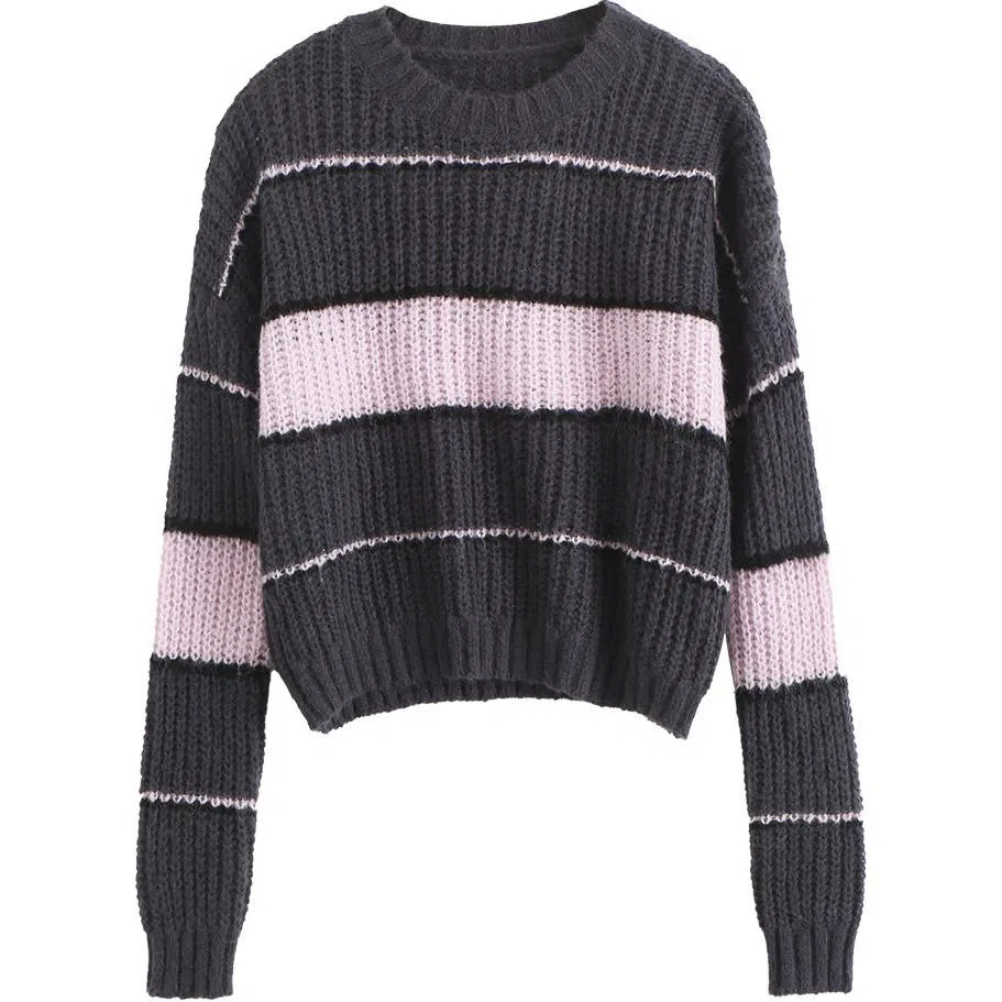 【dme】 休闲宽松条纹圆领长袖毛衣 女款 深灰