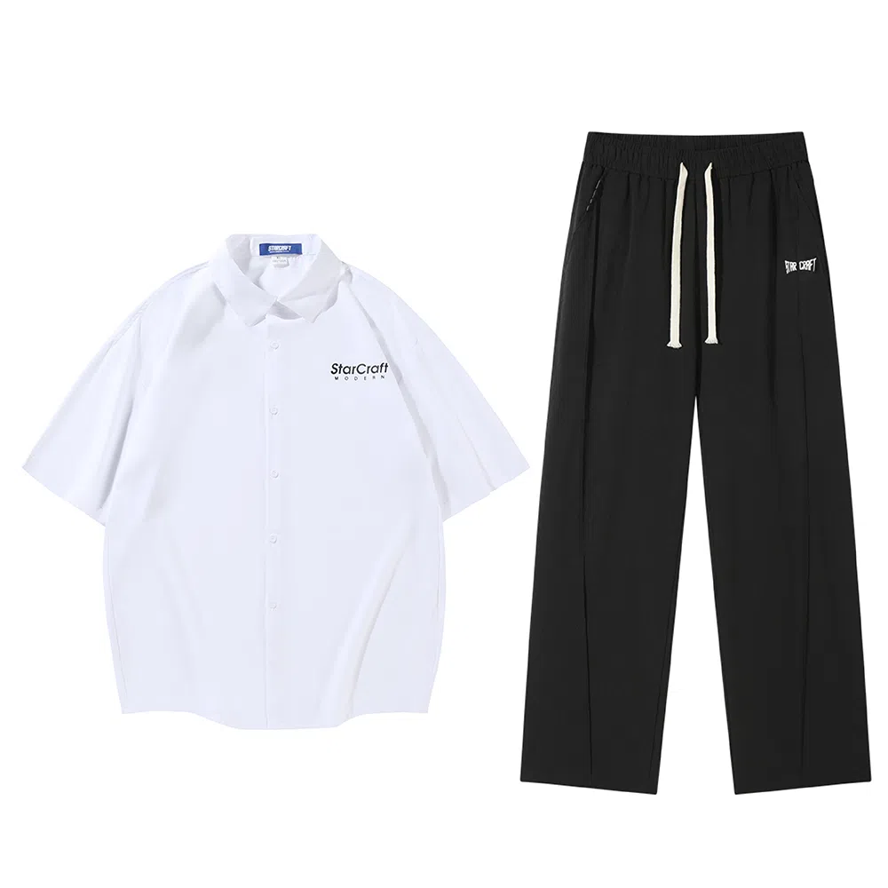 星际者 基础款简约纯色五分袖衬衫休闲宽松直筒垂感长裤衬衫套装 男女同款