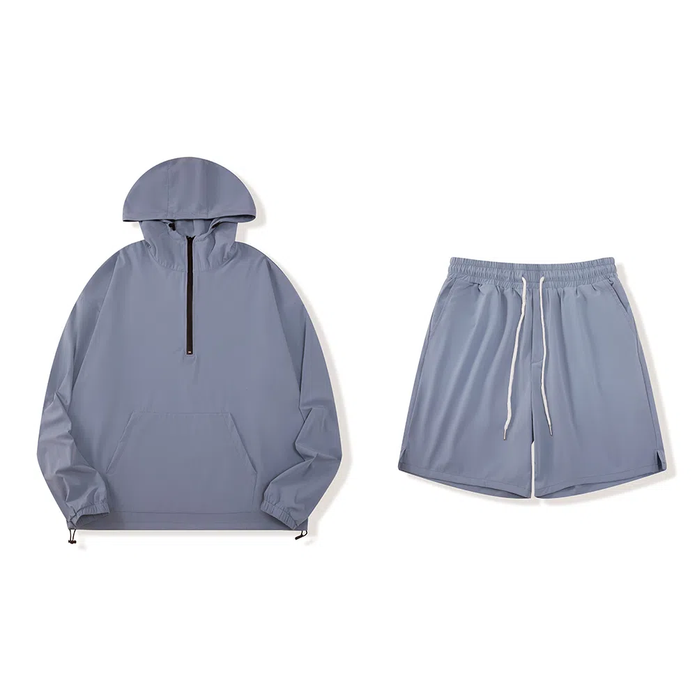我是大卫 韩版连帽钓鱼防晒服薄款宽松百搭五分短裤休闲运动套装 男款 灰色