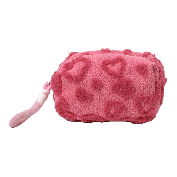 科万鸿 提花毛绒玫红色化妆收纳包 便携