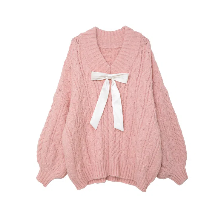 SUNSUNTOWN V-Neck Sweater Pink Loose Fit