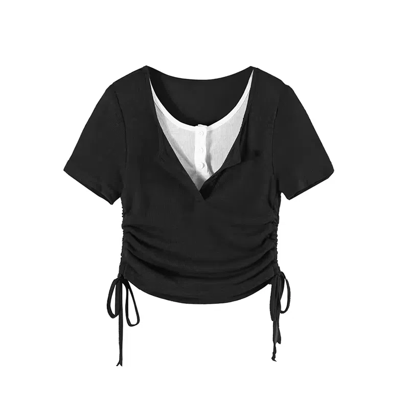 JUFU V-Neck Short Sleeve T-Shirt Black