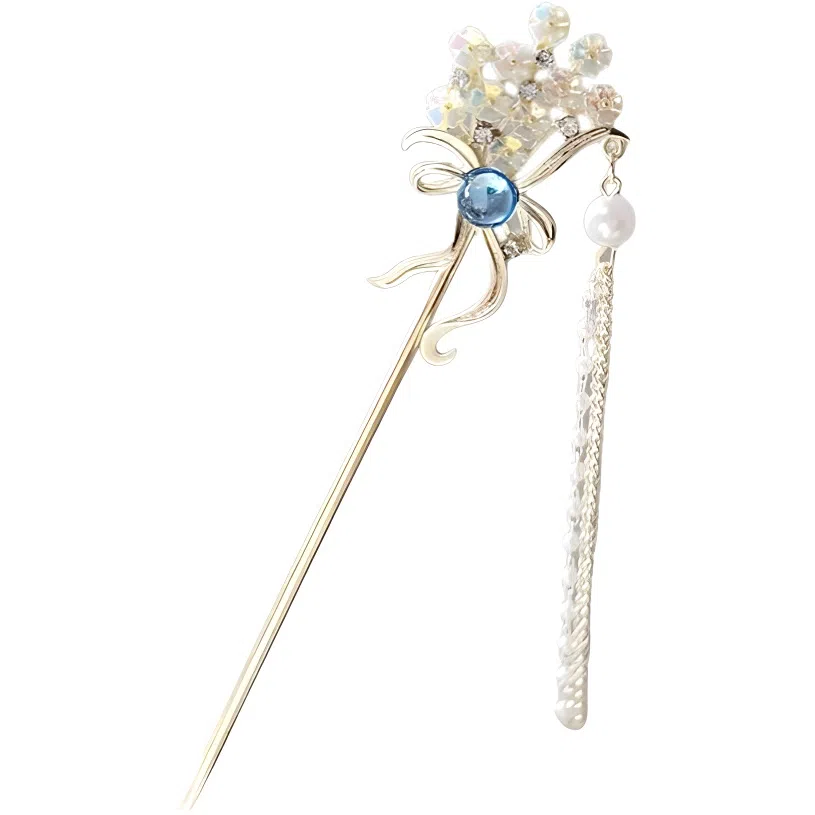 【蓝色之眼】 指尖瑰宝 新中式小清新简约国风蝴蝶结碎花流苏步摇仙气轻奢繁花国潮汉服旗袍盘发挽发亚克力 合金 发簪 女款