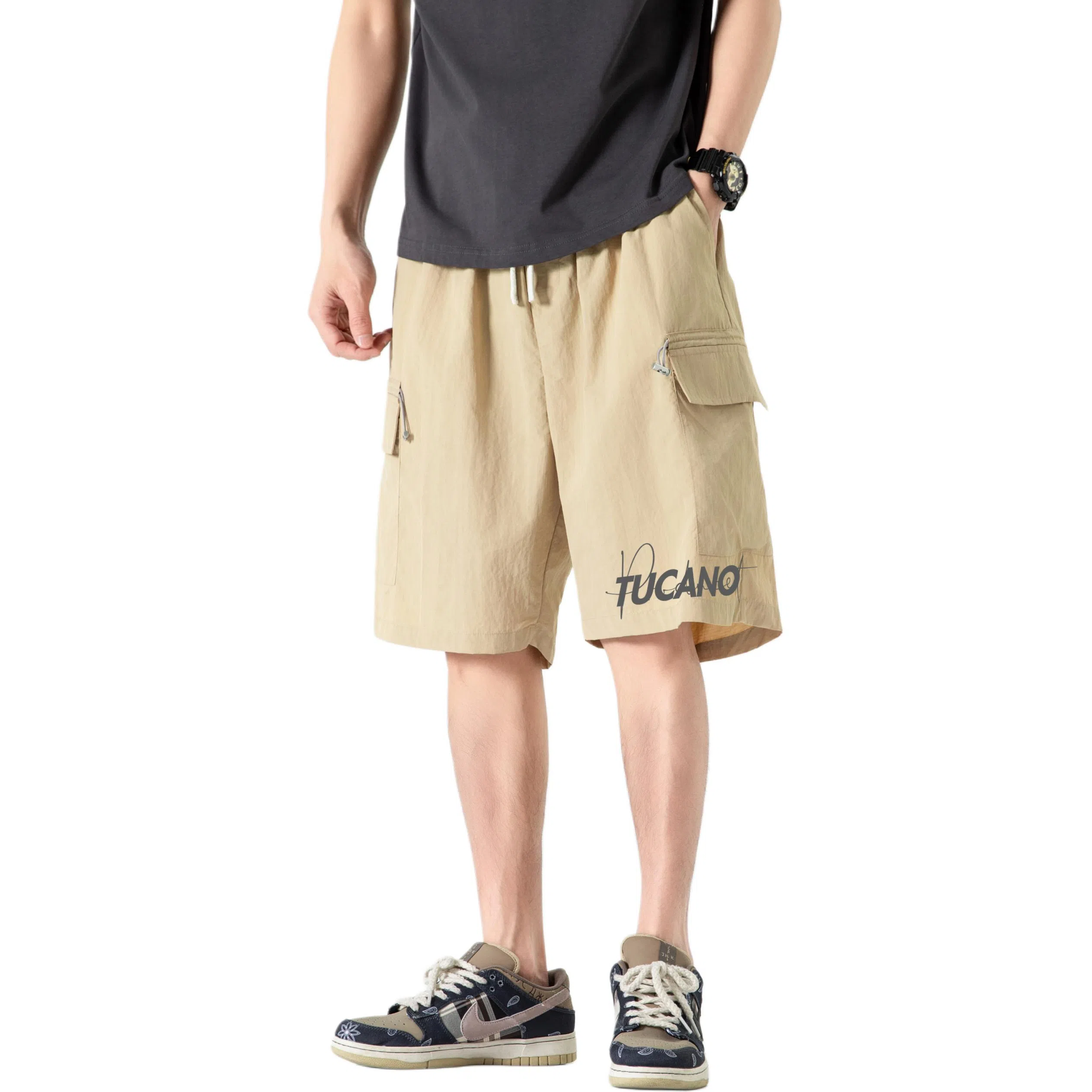 啄木鸟 城市机能风多口袋抽绳系带运动宽松五分工装休闲短裤 男女同款 米白