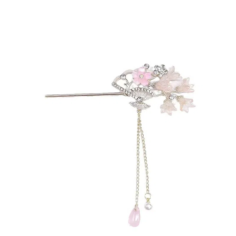 【一簪如画】 指尖瑰宝 古风粉色铃兰扇子流苏簪子新中式国潮复古小众设计创意感温柔气质甜美汉服盘发 合金/锆石/滴油 发簪 女款