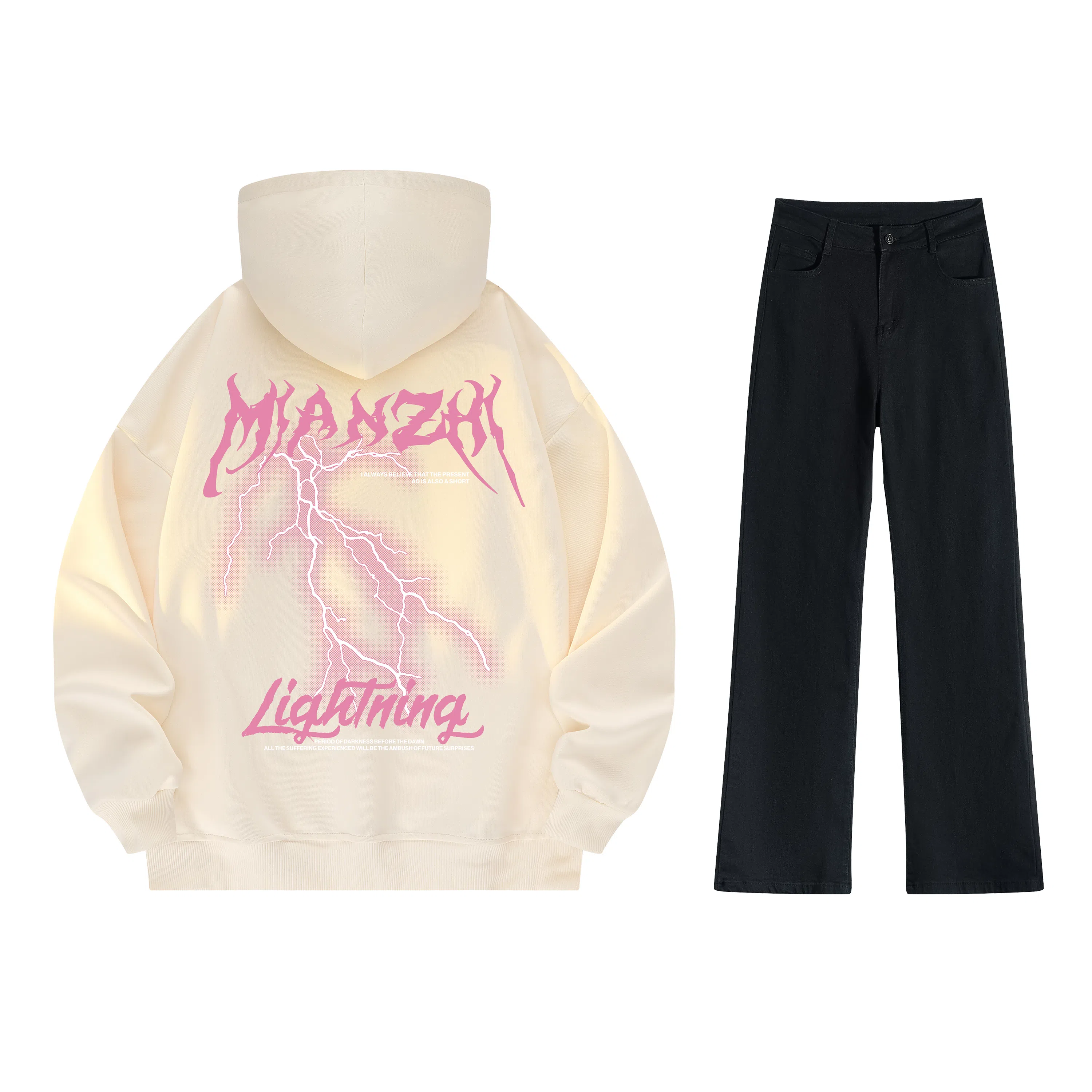 棉致 美式高街闪电字母印花宽松休闲百搭套头落肩长袖上衣水洗做旧微喇牛仔裤连帽卫衣套装 男女同款