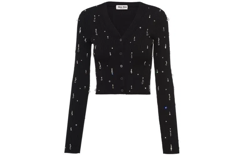 Miu Miu FW22 Sequin V-Neck Sweater Black