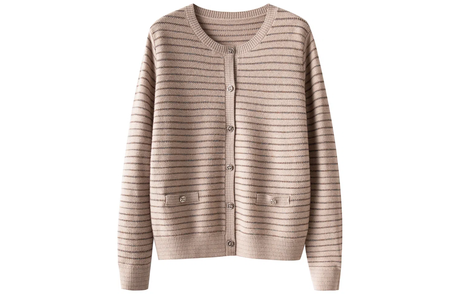 恒源祥 亮丝条纹针织单排扣开衫长袖毛衣 女款