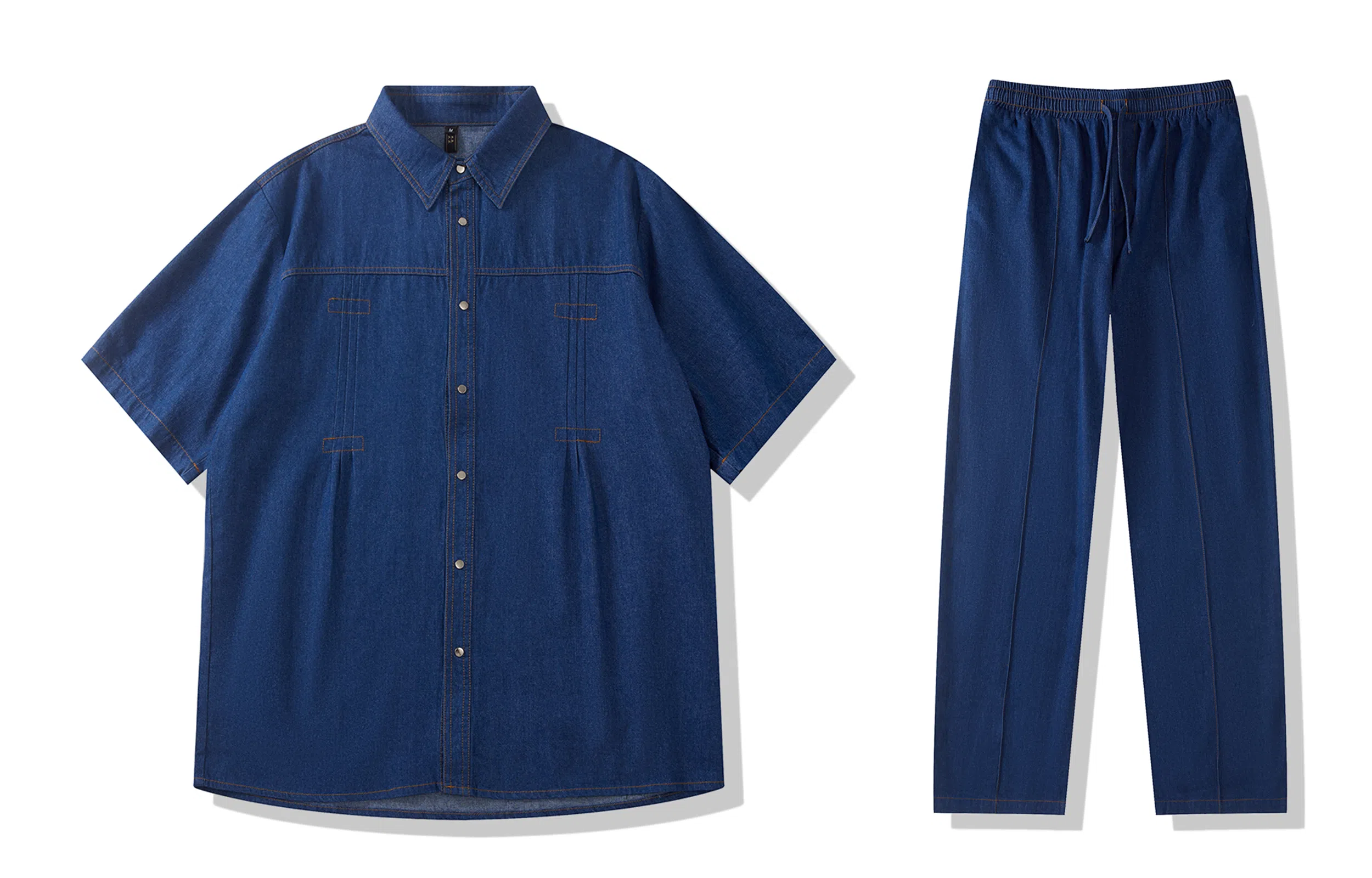 我是大卫 美式复古牛仔短袖上衣重工车线拼接水洗工装长裤衬衫套装 通用 蓝色