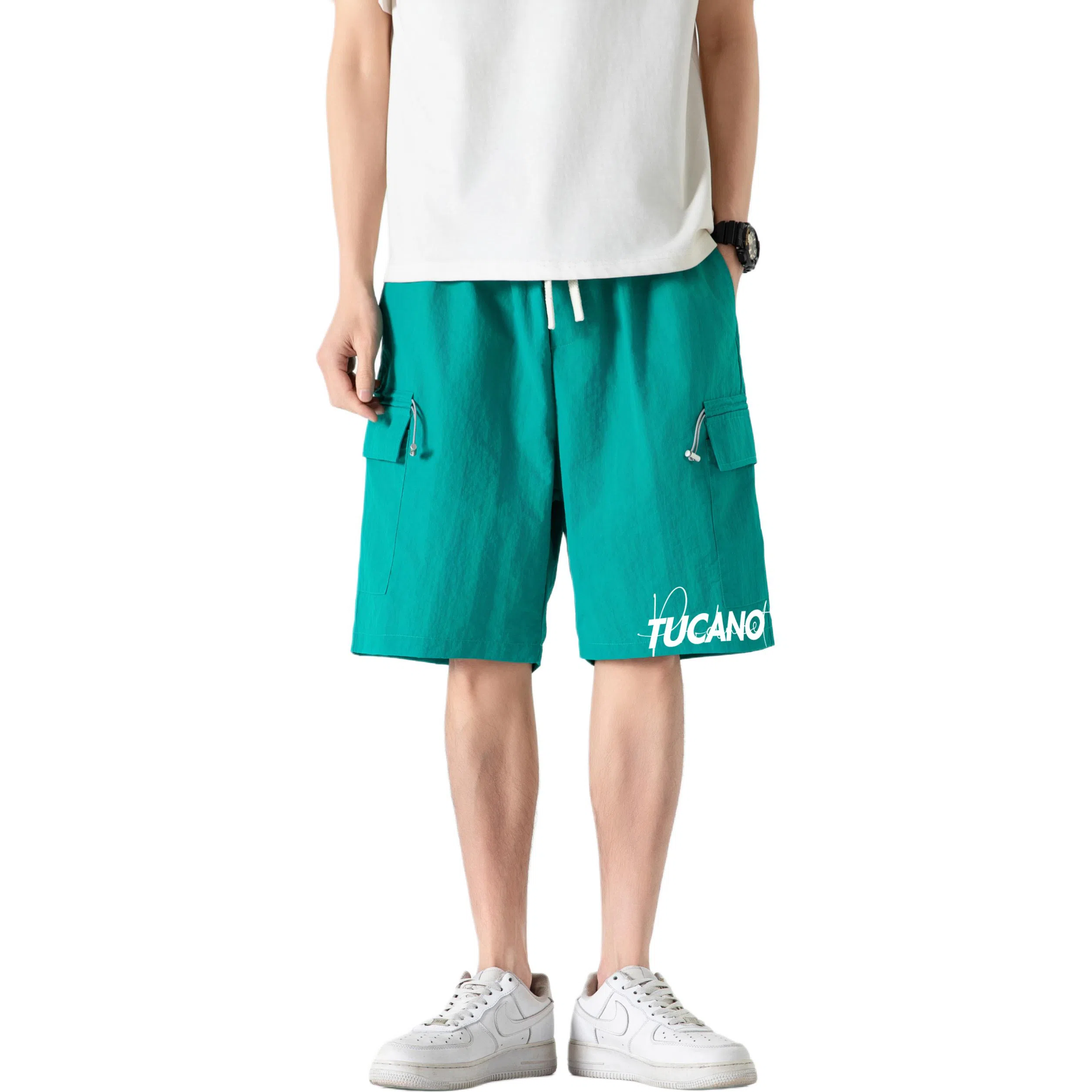 啄木鸟 城市机能风多口袋抽绳系带运动宽松五分工装休闲短裤 男女同款 米白