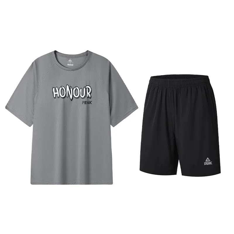 匹克 吸湿速干透气短袖跑步健身五分松紧腰短裤休闲运动套装 男女同款