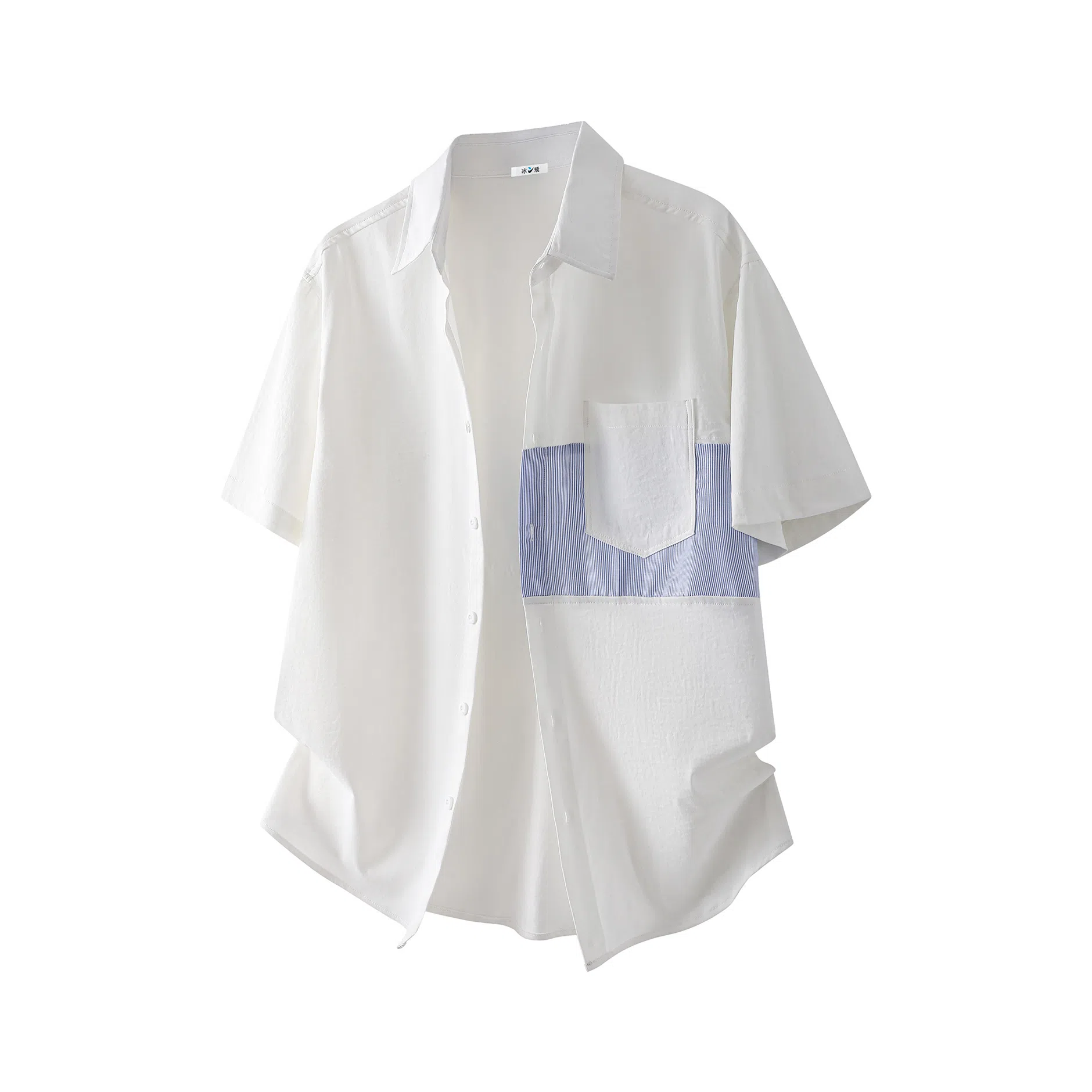 冰飞 日系复古学院高级感条纹拼接简约基础款宽松休闲舒适时尚潮流百搭凉感短袖衬衫 男女同款