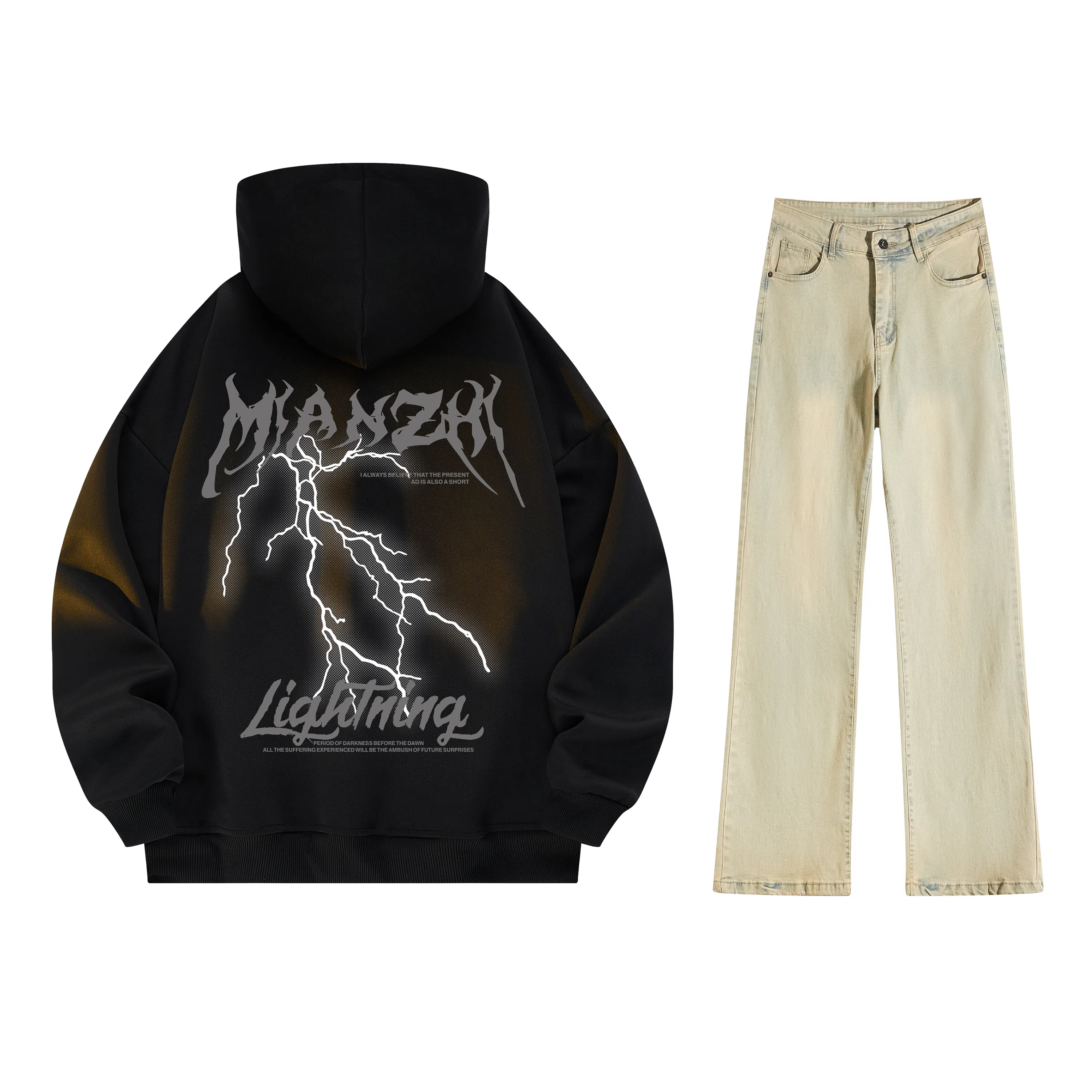 棉致 美式高街闪电字母印花宽松休闲百搭套头落肩长袖上衣水洗做旧微喇牛仔裤连帽卫衣套装 男女同款