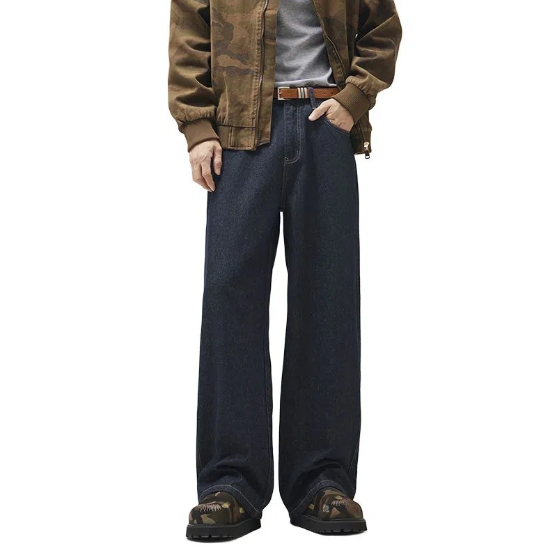 【dme】 时尚简约纯色水洗基础款高级感舒适百搭休闲中腰宽松直筒牛仔裤 男女同款 黑蓝色