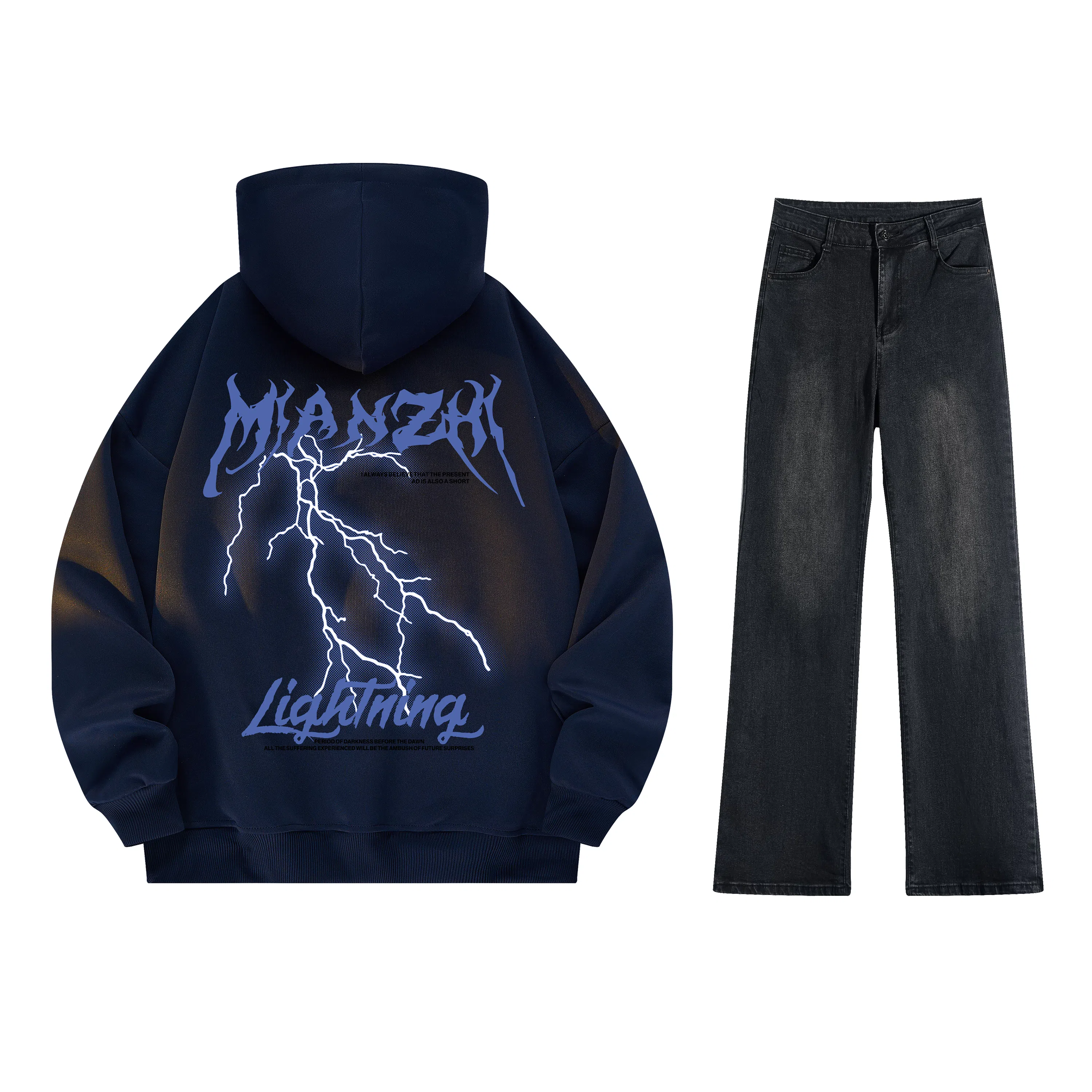 棉致 美式高街闪电字母印花宽松休闲百搭套头落肩长袖上衣水洗做旧微喇牛仔裤连帽卫衣套装 男女同款