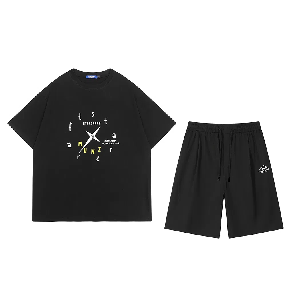 星际者 基础款创意时钟字母印花短袖潮牌中腰系带短裤休闲运动套装 男女同款