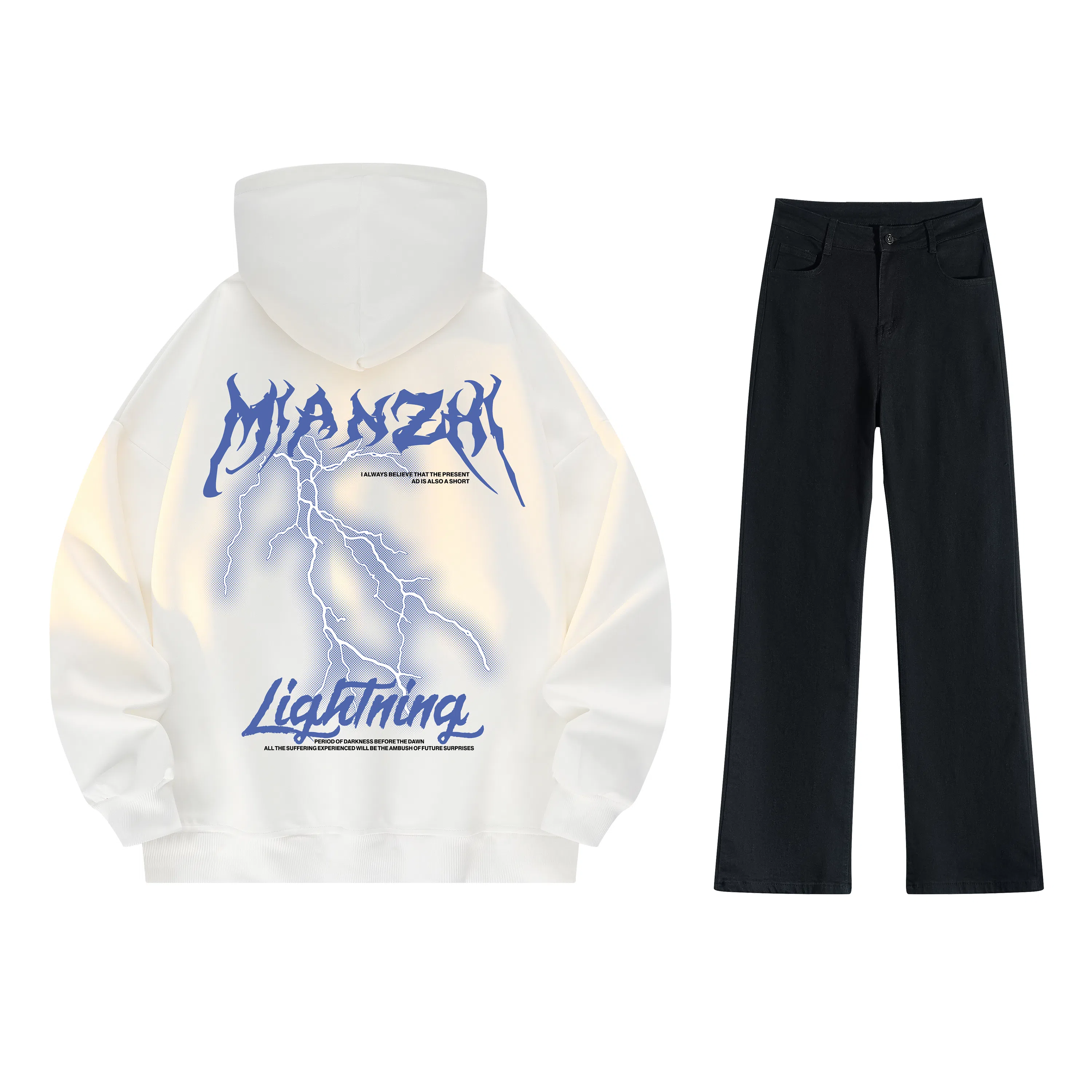 棉致 美式高街闪电字母印花宽松休闲百搭套头落肩长袖上衣水洗做旧微喇牛仔裤连帽卫衣套装 男女同款