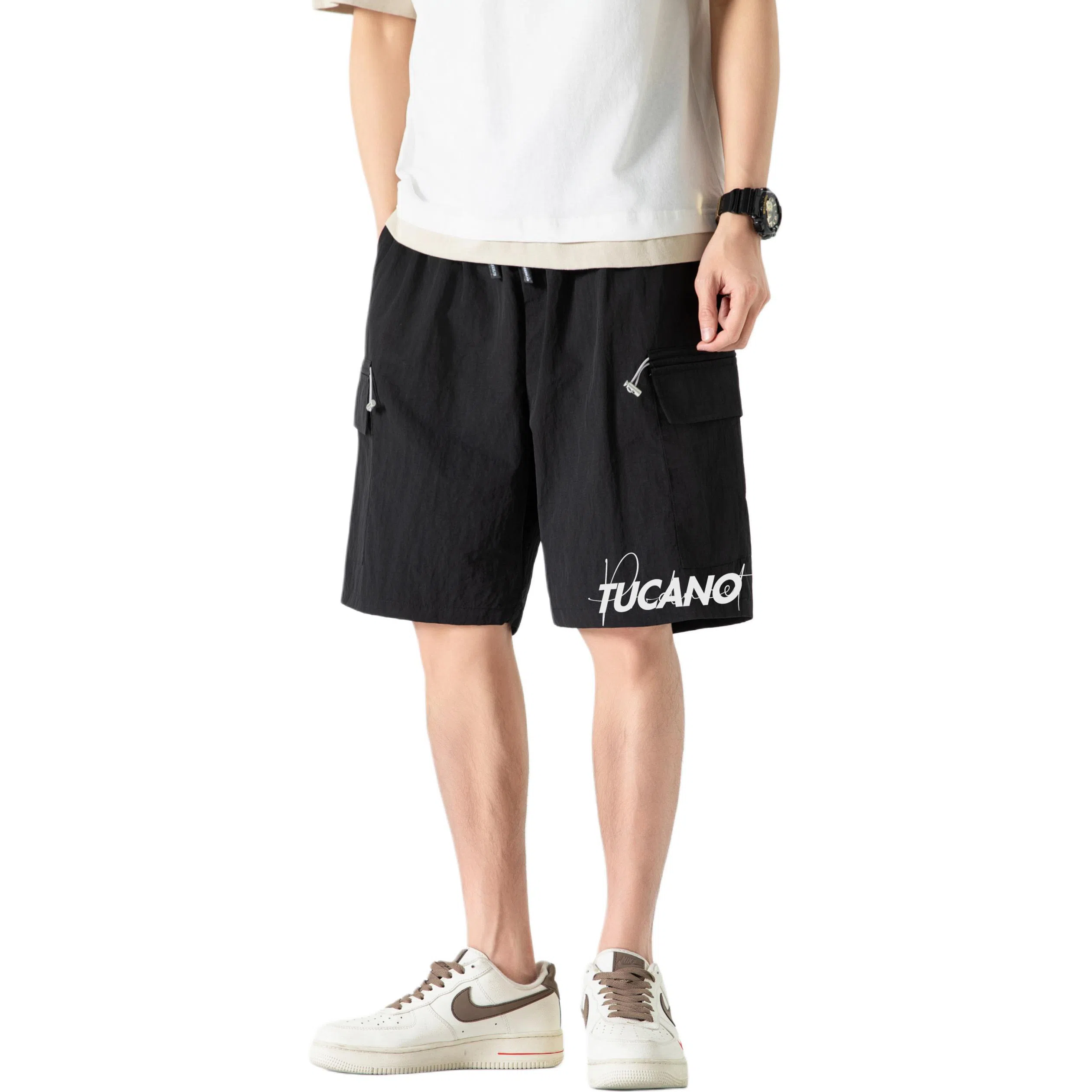 啄木鸟 城市机能风多口袋抽绳系带运动宽松五分工装休闲短裤 男女同款 米白