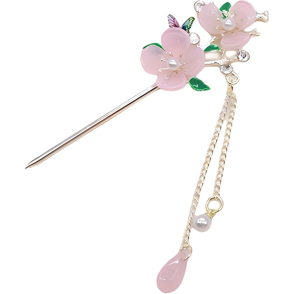 【桃花朵朵开】 指尖瑰宝 简约大气蝴蝶流苏古风簪子现代盘发步摇高级感旗袍汉服带发饰优雅气质 合金 发簪 女款