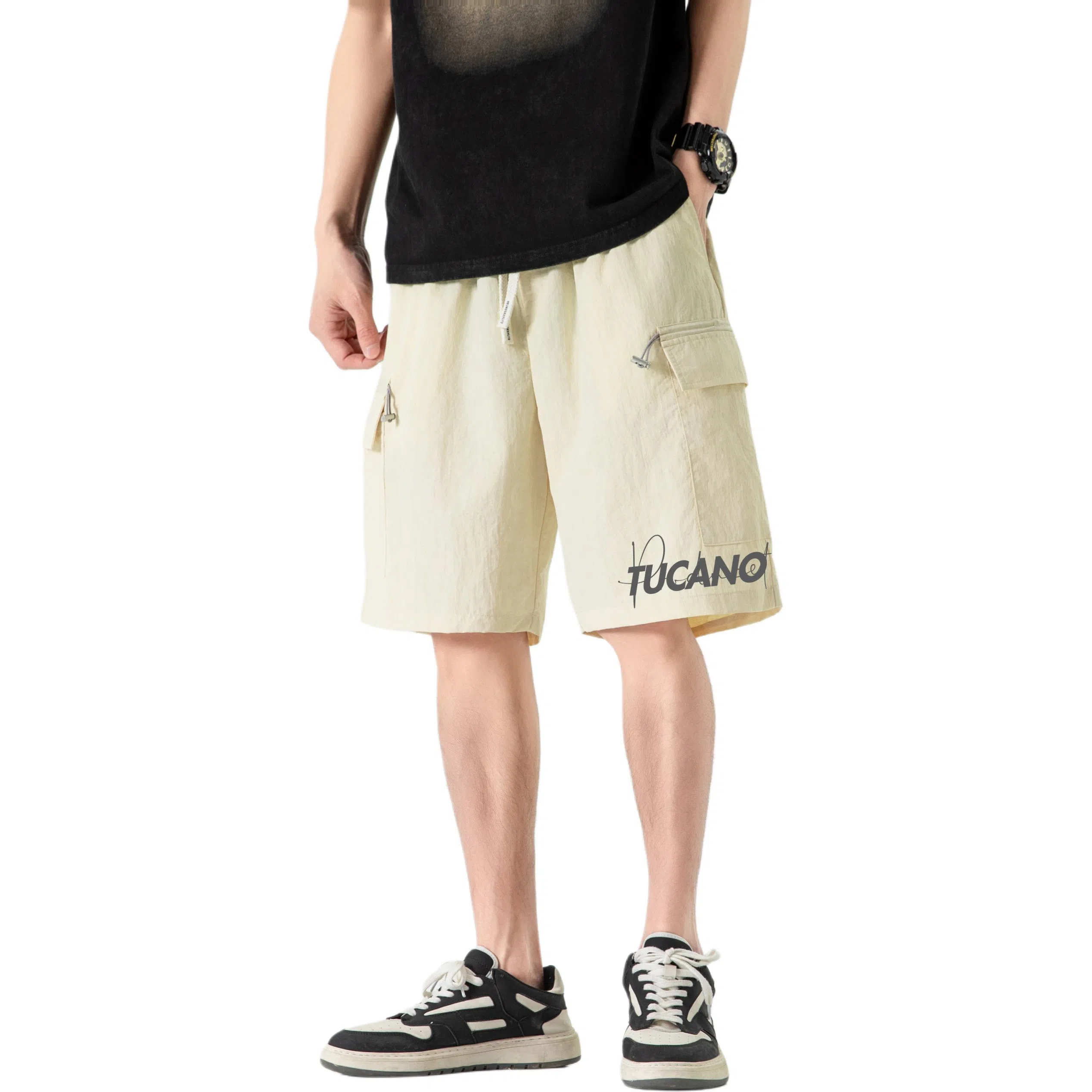 啄木鸟 城市机能风多口袋抽绳系带运动宽松五分工装休闲短裤 男女同款 米白