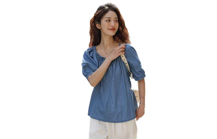 【dme】 学院风泡泡袖圆领抽绳连肩袖牛仔短袖衬衫 女款 中牛仔蓝