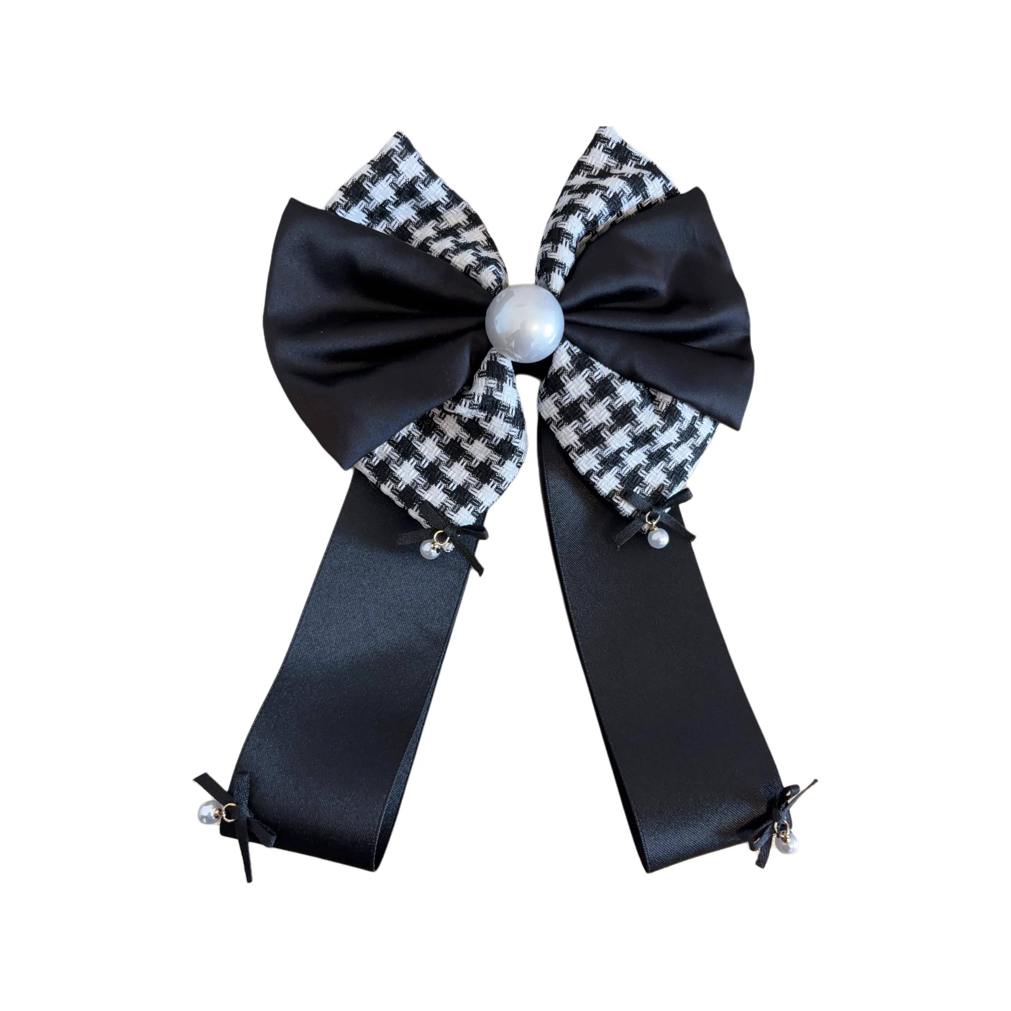 希铃 千金风大气时尚 千鸟格缎面蝴蝶结珍珠 优雅法式流苏 纯棉 发夹 女款