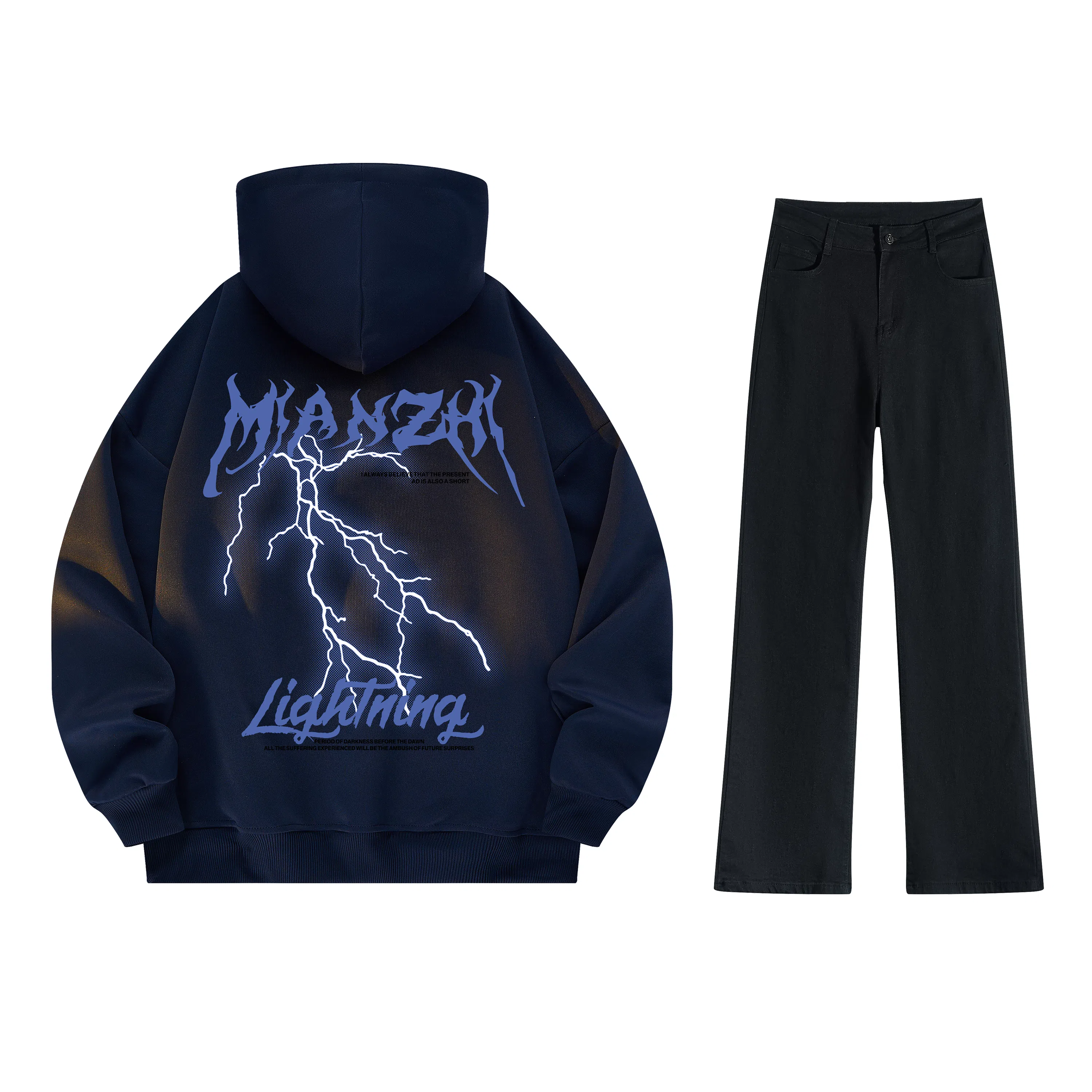 棉致 美式高街闪电字母印花宽松休闲百搭套头落肩长袖上衣水洗做旧微喇牛仔裤连帽卫衣套装 男女同款