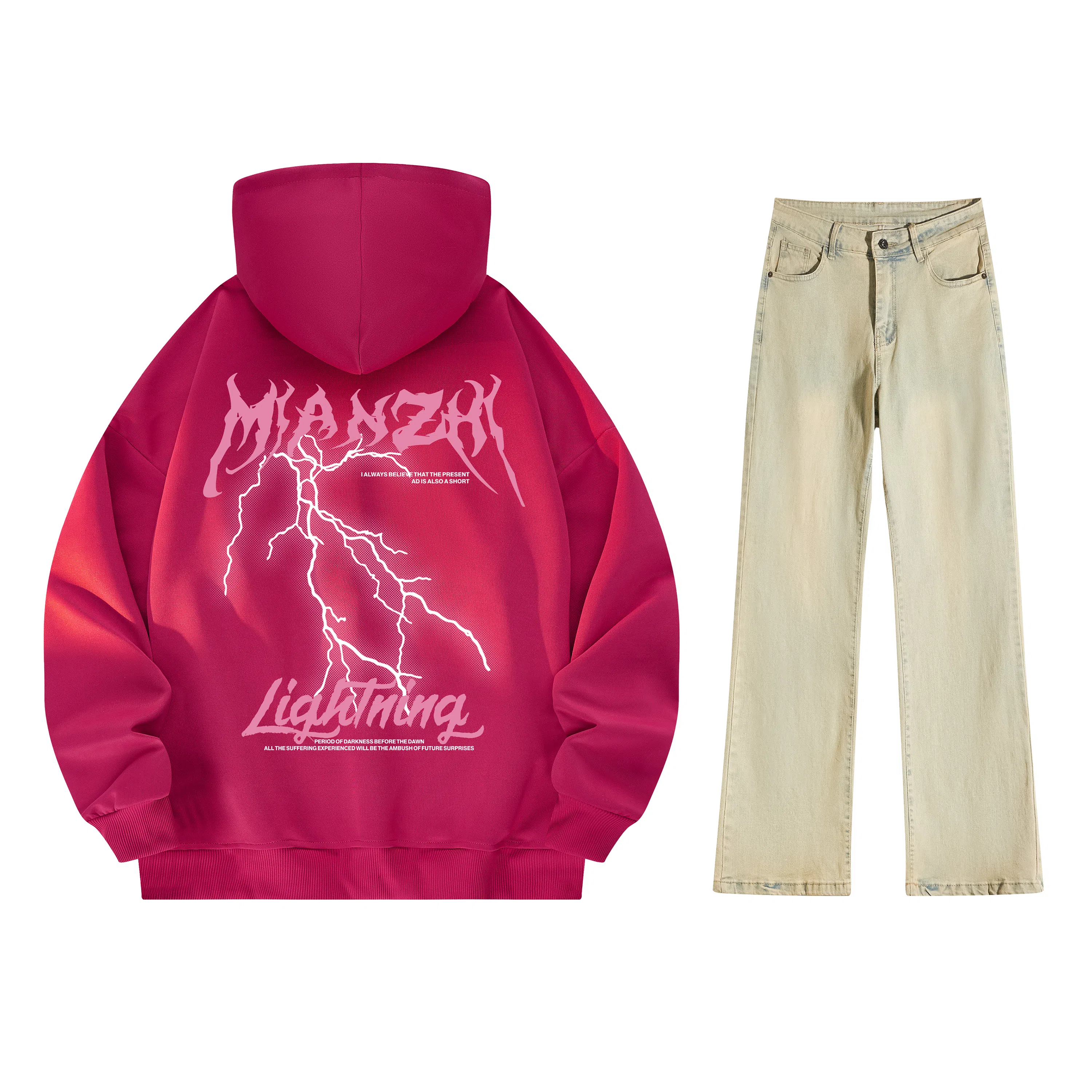 棉致 美式高街闪电字母印花宽松休闲百搭套头落肩长袖上衣水洗做旧微喇牛仔裤连帽卫衣套装 男女同款