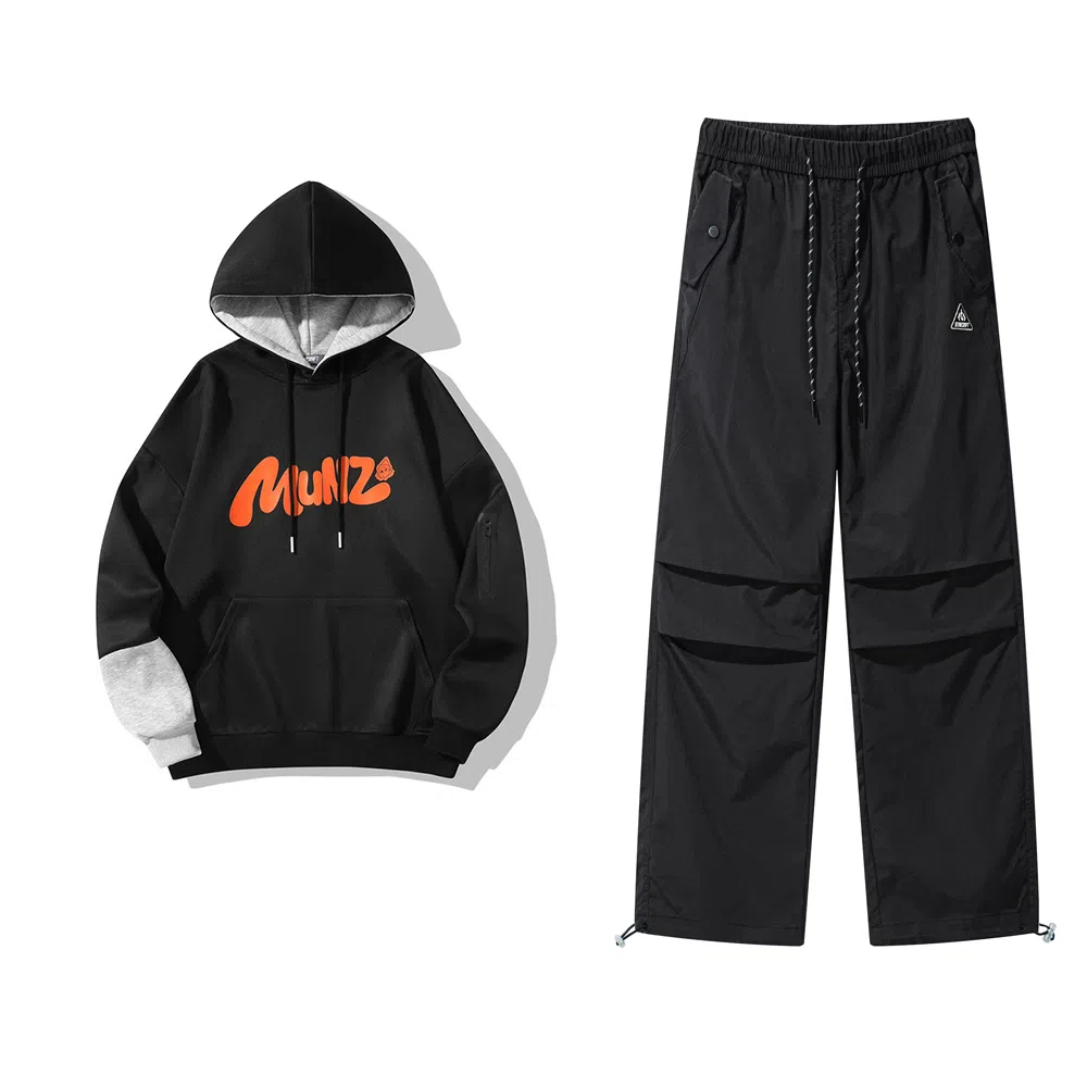 星际者 连帽字母印花简约上衣阔腿直筒美式高街运动休闲工装裤卫衣套装 男女同款