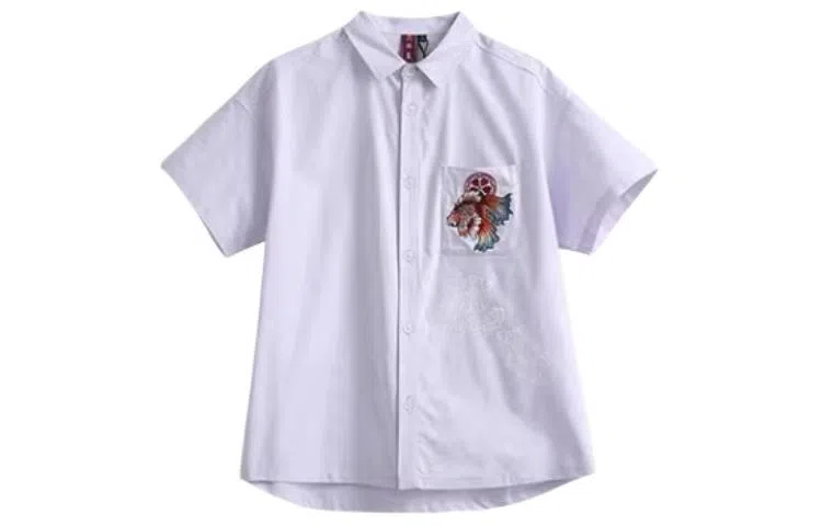 鬼洗 翻领金鱼印绣花纽扣短袖衬衫 女款