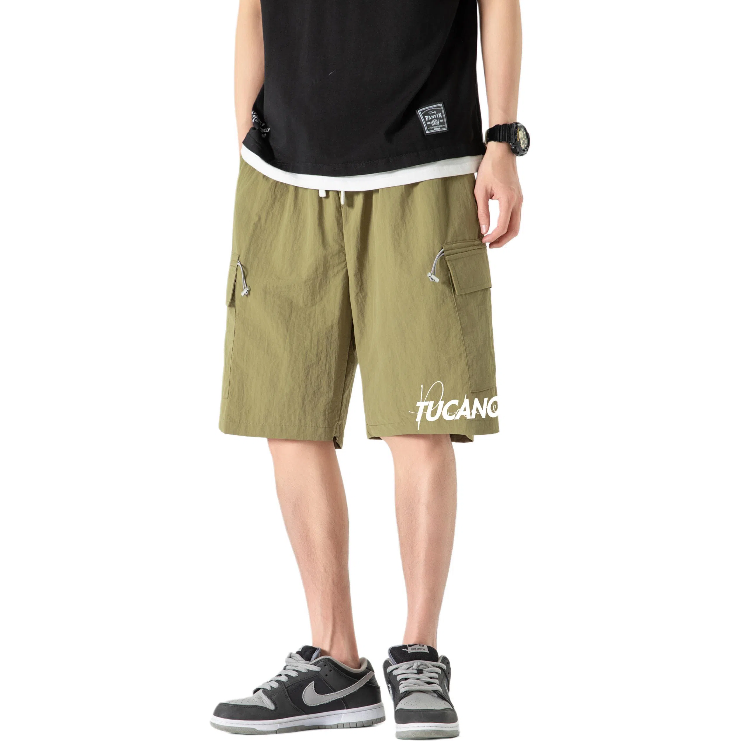 啄木鸟 城市机能风多口袋抽绳系带运动宽松五分工装休闲短裤 男女同款 米白