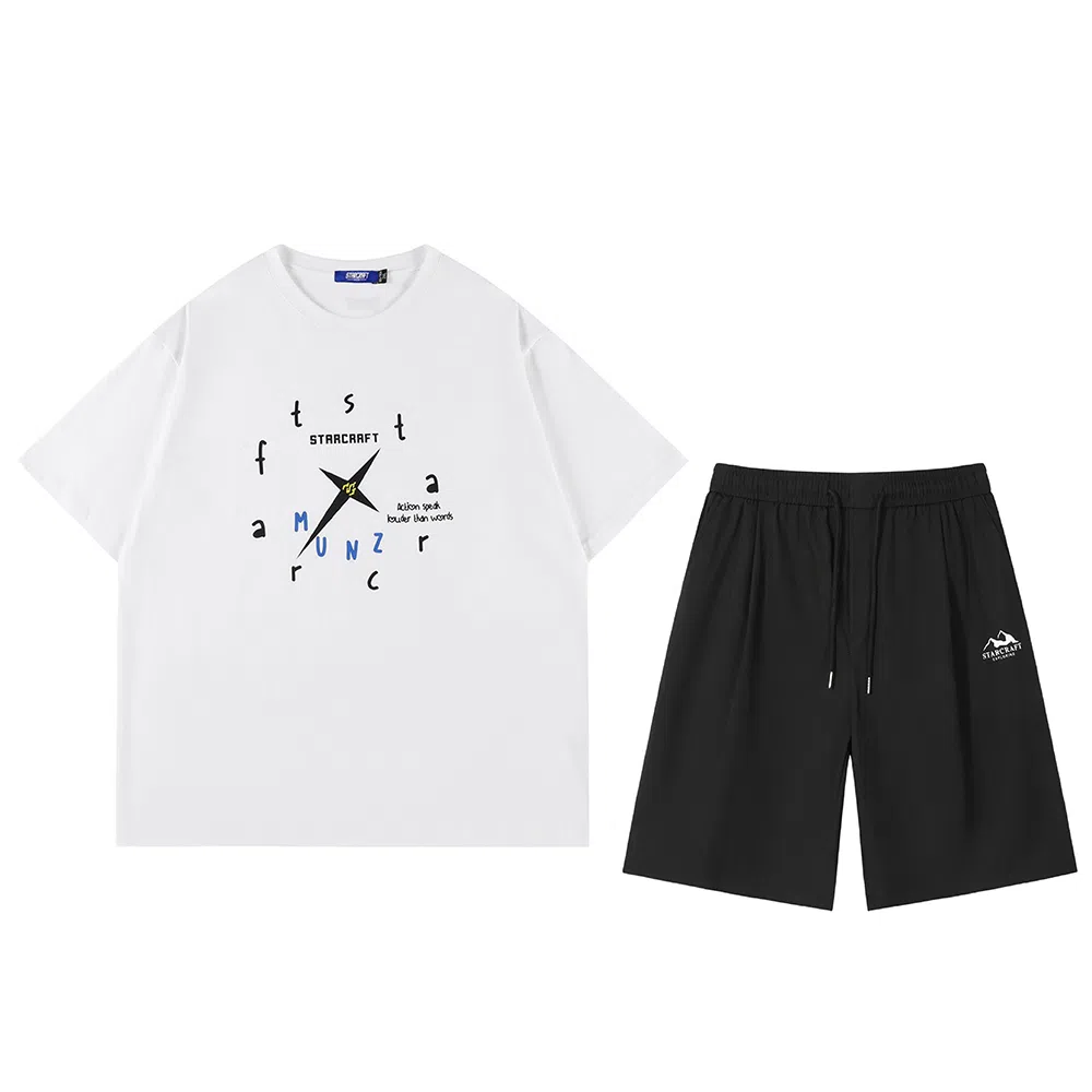 星际者 基础款创意时钟字母印花短袖潮牌中腰系带短裤休闲运动套装 男女同款