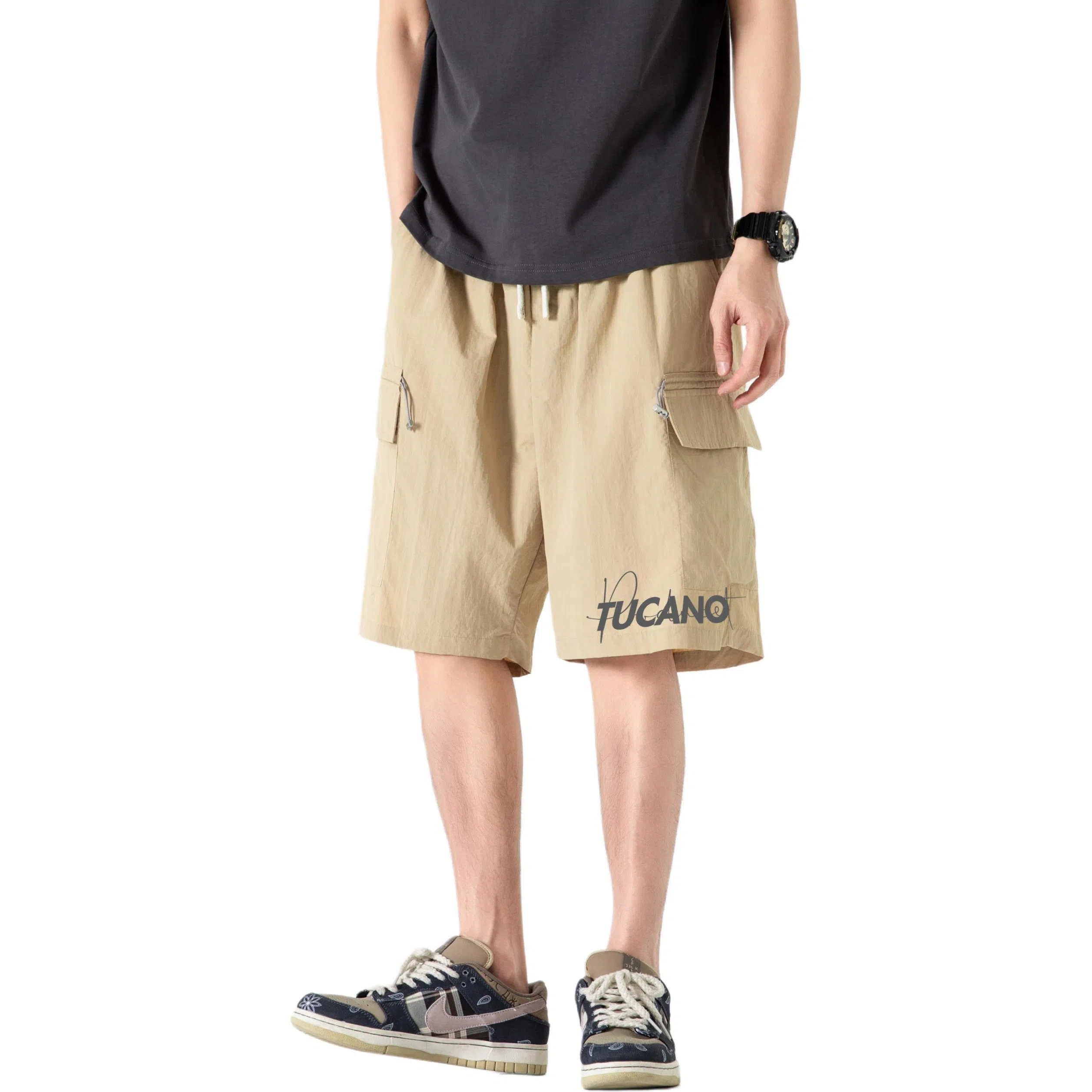 啄木鸟 城市机能风多口袋抽绳系带运动宽松五分工装休闲短裤 男女同款 米白