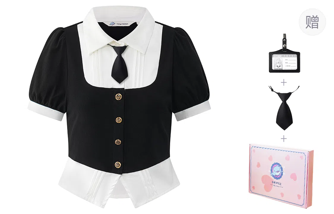 东鲸岁时记 美式学院风拼色气质上衣尖领假两件收腰短袖衬衫 春夏季 女款 礼盒装 假日来信