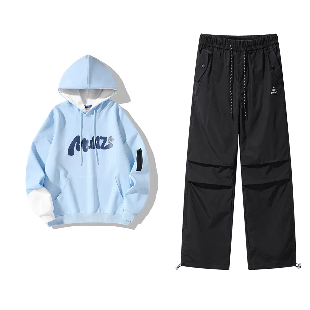 星际者 连帽字母印花简约上衣阔腿直筒美式高街运动休闲工装裤卫衣套装 男女同款