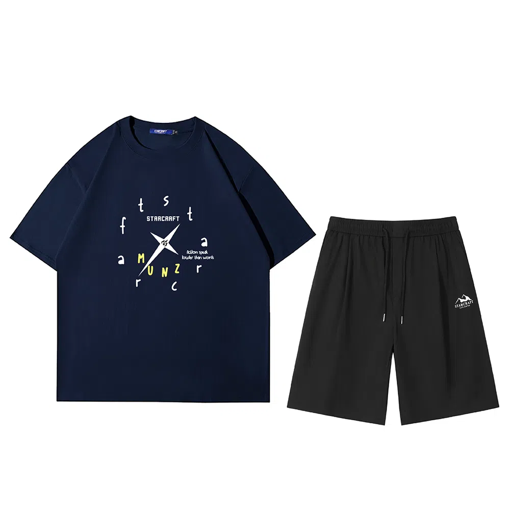 星际者 基础款创意时钟字母印花短袖潮牌中腰系带短裤休闲运动套装 男女同款