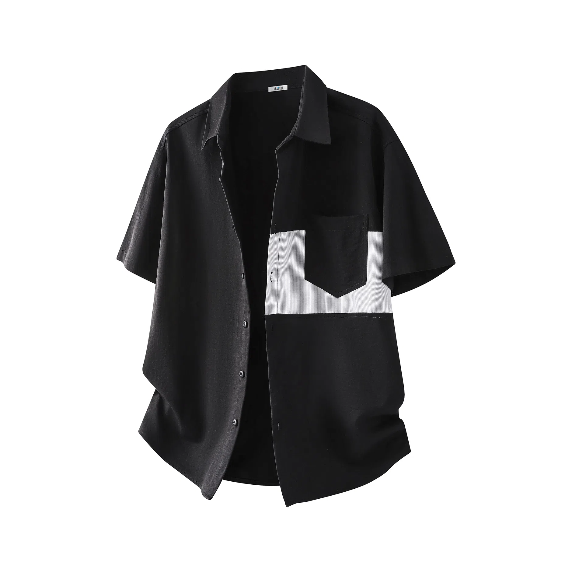 冰飞 日系复古学院高级感条纹拼接简约基础款宽松休闲舒适时尚潮流百搭凉感短袖衬衫 男女同款