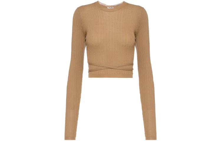 Miu Miu SS21 Logo Ribbed Wool Sweater Camel Brown